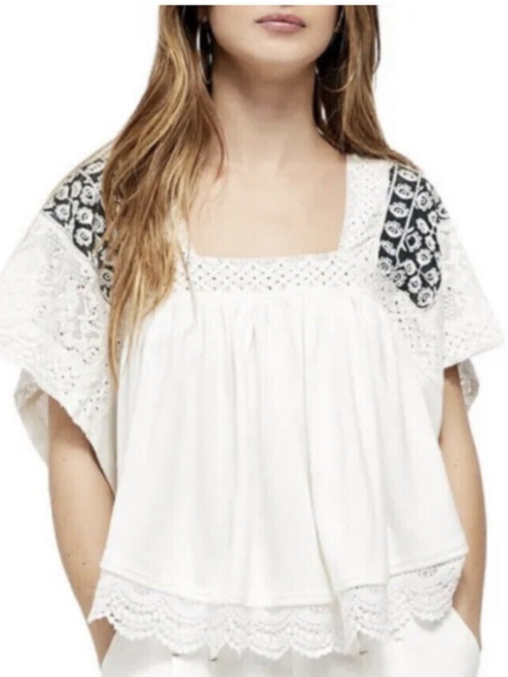 Free People White Tunic with Black Embroidered Shoulders